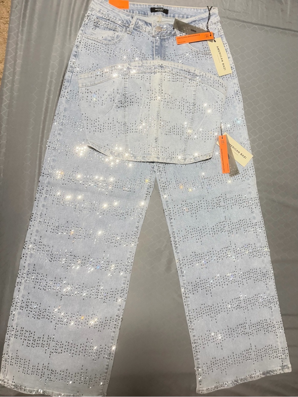 American Rag Light Blue Crystal-Embellished Wide Leg Jeans
